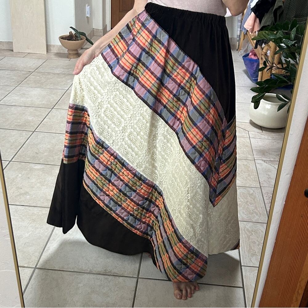 Vtg 70s Chessa Davis Maxi Skirt Quilted Brown Velvet Lace Prairie Hippy S M